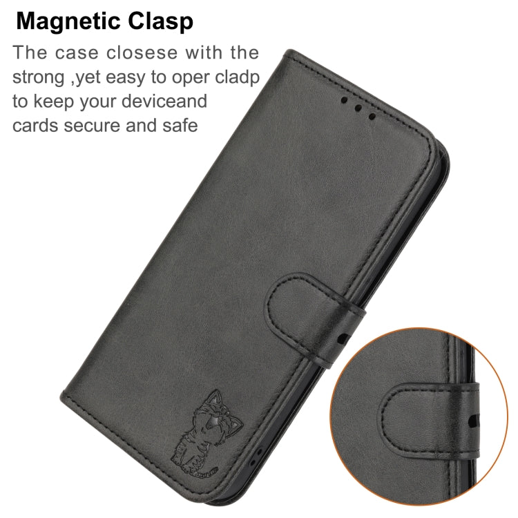 For iPhone 16e Embossed Happy Cat Pattern Flip Leather Phone Case(Black) - iPhone 16e Cases by PMC TechLife | Online Shopping South Africa | PMC TechLife | Buy Now Pay Later Mobicred