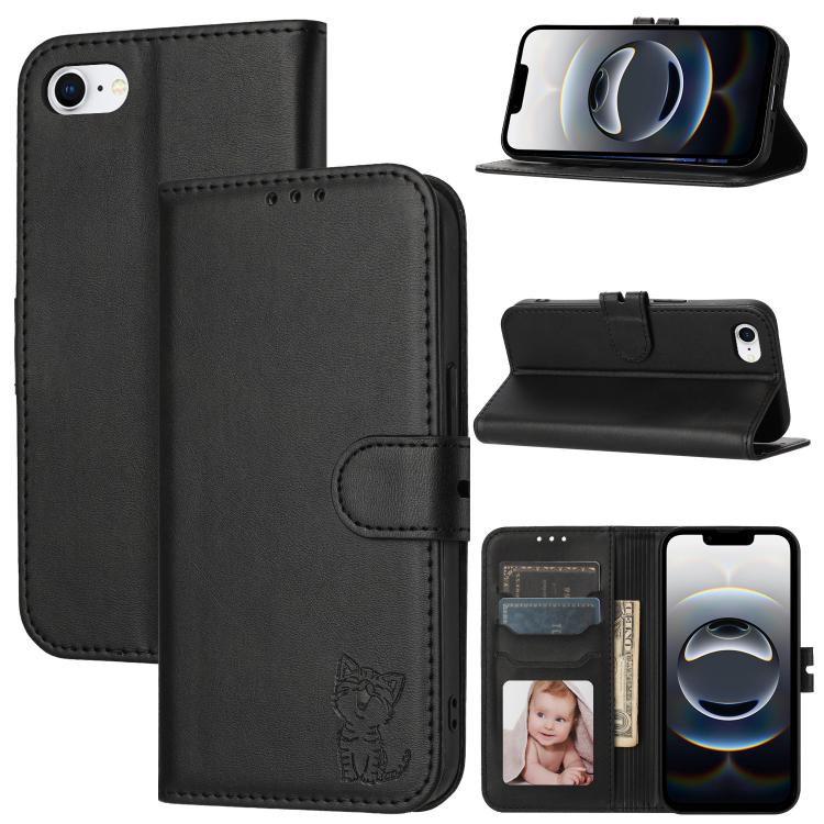 For iPhone 16e Embossed Happy Cat Pattern Flip Leather Phone Case(Black) - iPhone 16e Cases by PMC TechLife | Online Shopping South Africa | PMC TechLife | Buy Now Pay Later Mobicred