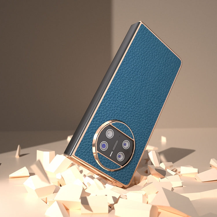For Huawei Mate X3 Electroplating Genuine Leather Litchi Texture Phone Case(Blue) - Huawei Cases by PMC TechLife | Online Shopping South Africa | PMC TechLife | Buy Now Pay Later Mobicred