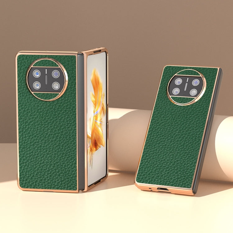 For Huawei Mate X3 Electroplating Genuine Leather Litchi Texture Phone Case(Green) - Huawei Cases by PMC TechLife | Online Shopping South Africa | PMC TechLife | Buy Now Pay Later Mobicred