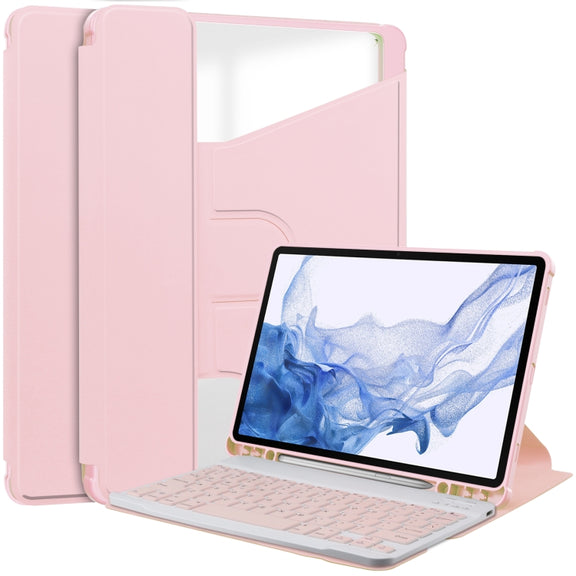 For Samsung Galaxy Tab S9 360 Rotation Transparent Smart Leather Case with Keyboard(Pink)