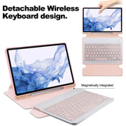 For Samsung Galaxy Tab S9 360 Rotation Transparent Smart Leather Case with Keyboard(Pink)