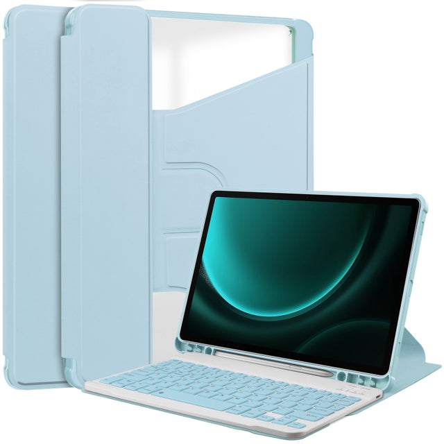For Samsung Galaxy Tab S9 FE+ 360 Rotation Transparent Smart Leather Case with Keyboard(Sky Blue)