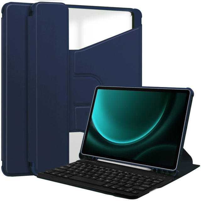 For Samsung Galaxy Tab S9 FE+ 360 Rotation Transparent Smart Leather Case with Keyboard(Dark Blue)