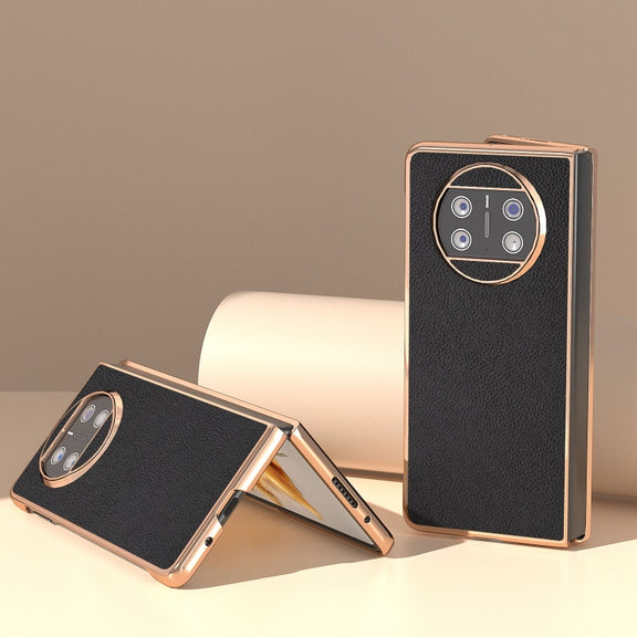 For Huawei Mate X3 Electroplating Genuine Leather + PC Litchi Texture Phone Case(Black)