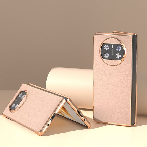 For Huawei Mate X3 Electroplating Genuine Leather + PC Litchi Texture Phone Case(Pink Gold)