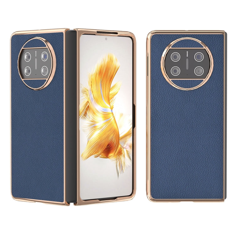 For Huawei Mate X3 Electroplating Genuine Leather + PC Litchi Texture Phone Case(Blue) - Huawei Cases by PMC TechLife | Online Shopping South Africa | PMC TechLife | Buy Now Pay Later Mobicred