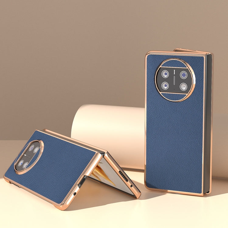 For Huawei Mate X3 Electroplating Genuine Leather + PC Litchi Texture Phone Case(Blue) - Huawei Cases by PMC TechLife | Online Shopping South Africa | PMC TechLife | Buy Now Pay Later Mobicred