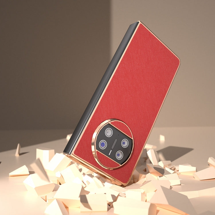 For Huawei Mate X3 Electroplating Cross Texture Genuine Leather Phone Case(Red) - Huawei Cases by PMC TechLife | Online Shopping South Africa | PMC TechLife | Buy Now Pay Later Mobicred