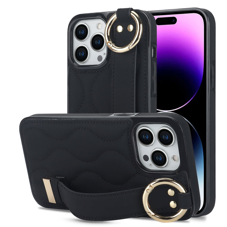 For iPhone 14 Pro Non-slip Full Coverage Ring PU Phone Case with Wristband(Black) - iPhone 14 Pro Cases by PMC TechLife | Online Shopping South Africa | PMC TechLife