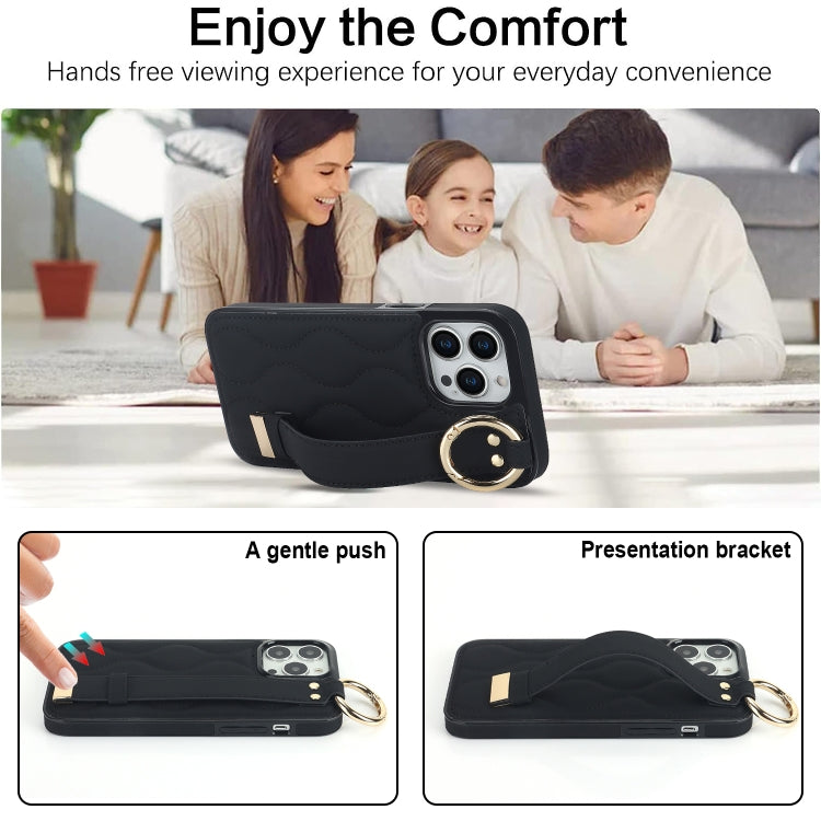 For iPhone 14 Pro Non-slip Full Coverage Ring PU Phone Case with Wristband(Black) - iPhone 14 Pro Cases by PMC TechLife | Online Shopping South Africa | PMC TechLife