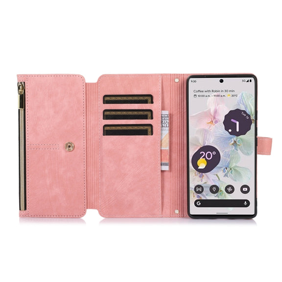 For Google Pixel 6a Dream 9-Card Wallet Zipper Bag Leather Phone Case(Pink)