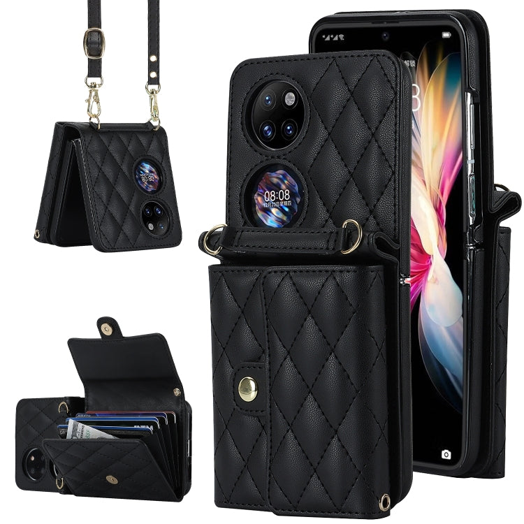 For Huawei P50 Pocket Rhombic Texture Card Bag PU Phone Case with Long Lanyard(Black) - Huawei Cases by PMC TechLife | Online Shopping South Africa | PMC TechLife | Buy Now Pay Later Mobicred