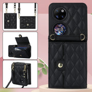 For Huawei P50 Pocket Rhombic Texture Card Bag PU Phone Case with Long Lanyard(Black)