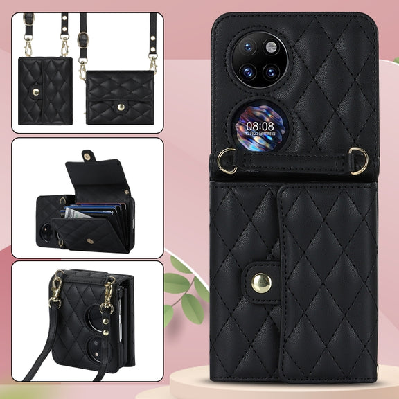 For Huawei P50 Pocket Rhombic Texture Card Bag PU Phone Case with Long Lanyard(Black)