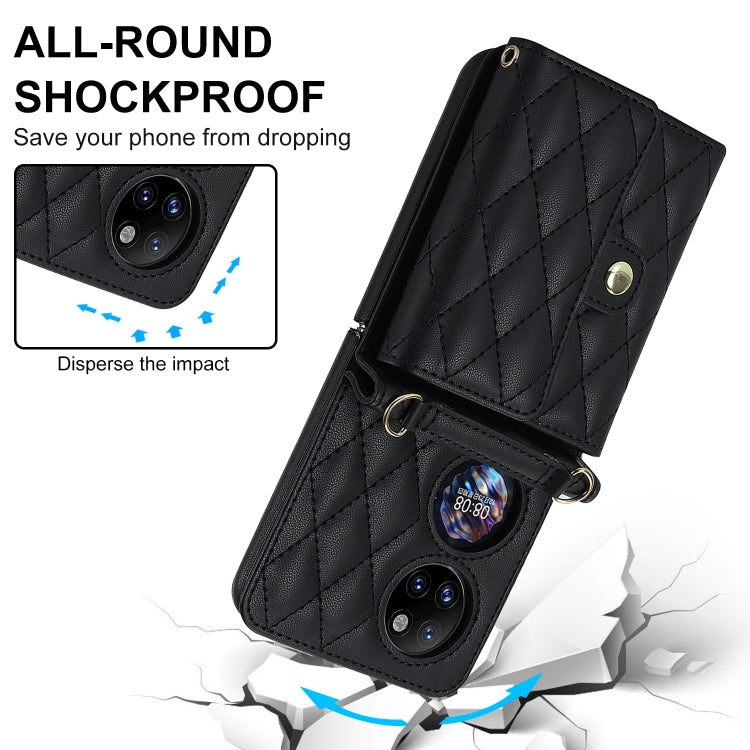 For Huawei P50 Pocket Rhombic Texture Card Bag PU Phone Case with Long Lanyard(Black)