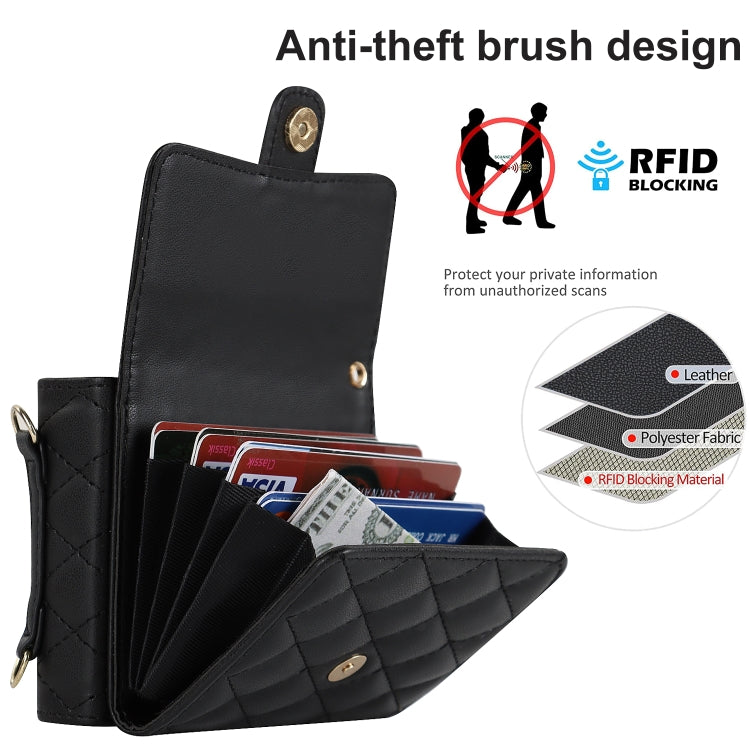 For Huawei P50 Pocket Rhombic Texture Card Bag PU Phone Case with Long Lanyard(Black)