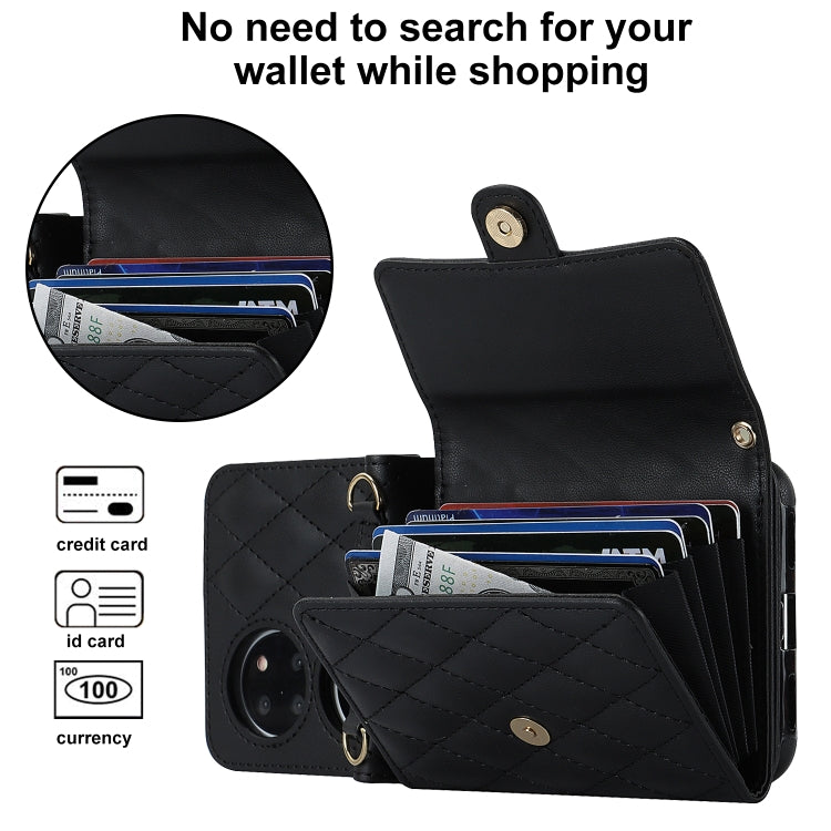 For Huawei P50 Pocket Rhombic Texture Card Bag PU Phone Case with Long Lanyard(Black)