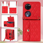 For Huawei P50 Pocket Rhombic Texture Card Bag PU Phone Case with Long Lanyard(Red)