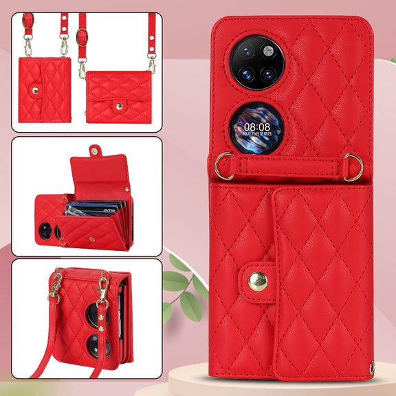 For Huawei P50 Pocket Rhombic Texture Card Bag PU Phone Case with Long Lanyard(Red)