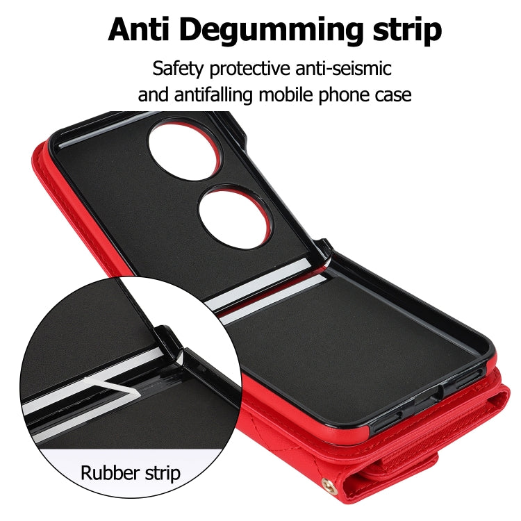 For Huawei P50 Pocket Rhombic Texture Card Bag PU Phone Case with Long Lanyard(Red)