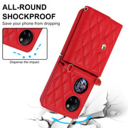 For Huawei P50 Pocket Rhombic Texture Card Bag PU Phone Case with Long Lanyard(Red)