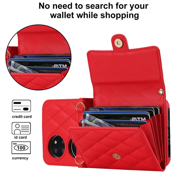 For Huawei P50 Pocket Rhombic Texture Card Bag PU Phone Case with Long Lanyard(Red)