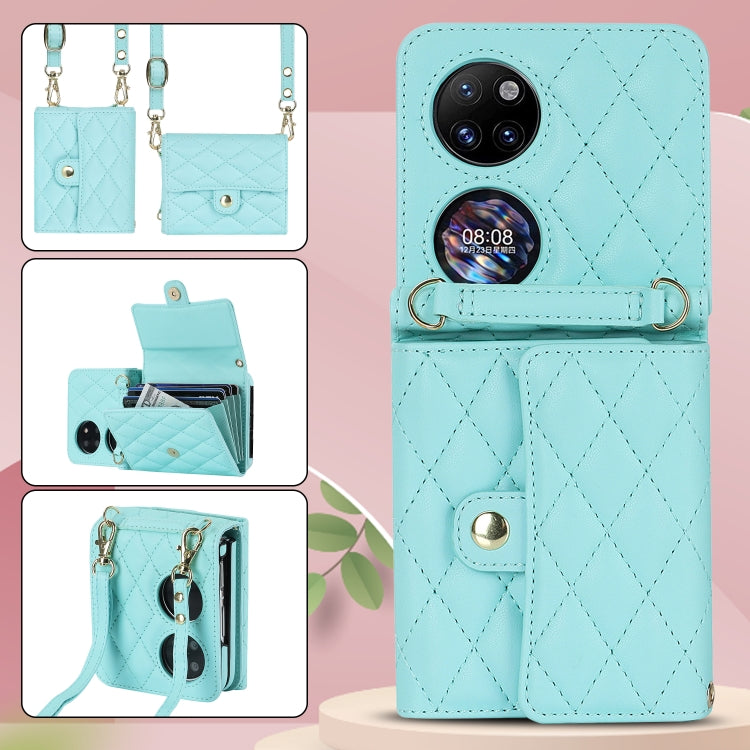 For Huawei P50 Pocket Rhombic Texture Card Bag PU Phone Case with Long Lanyard(Mint Green) - Huawei Cases by PMC TechLife | Online Shopping South Africa | PMC TechLife | Buy Now Pay Later Mobicred