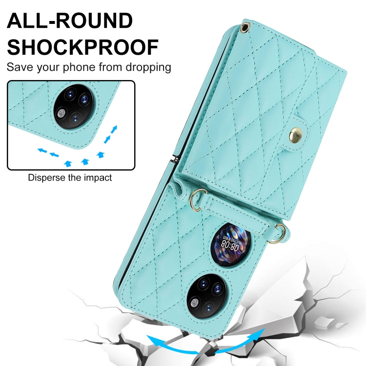 For Huawei P50 Pocket Rhombic Texture Card Bag PU Phone Case with Long Lanyard(Mint Green)