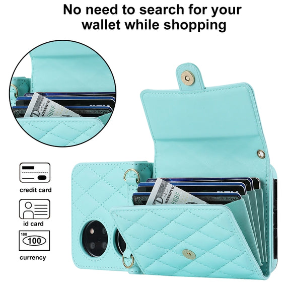 For Huawei P50 Pocket Rhombic Texture Card Bag PU Phone Case with Long Lanyard(Mint Green)
