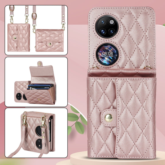 For Huawei P50 Pocket Rhombic Texture Card Bag PU Phone Case with Long Lanyard(Rose Gold)