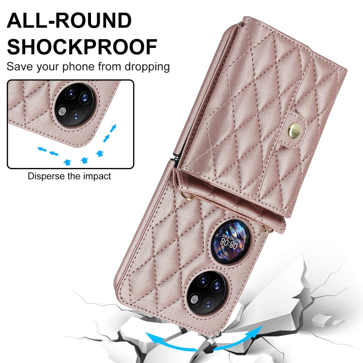 For Huawei P50 Pocket Rhombic Texture Card Bag PU Phone Case with Long Lanyard(Rose Gold)
