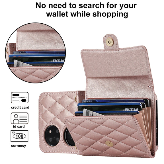 For Huawei P50 Pocket Rhombic Texture Card Bag PU Phone Case with Long Lanyard(Rose Gold)