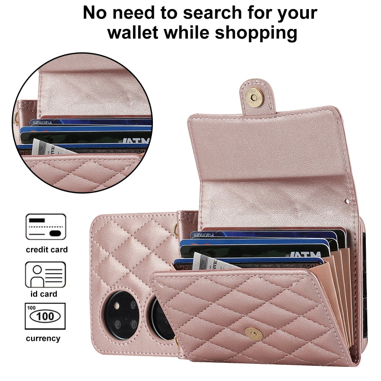For Huawei P50 Pocket Rhombic Texture Card Bag PU Phone Case with Long Lanyard(Rose Gold)
