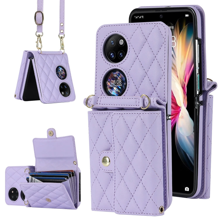 For Huawei P50 Pocket Rhombic Texture Card Bag PU Phone Case with Long Lanyard(Purple) - Huawei Cases by PMC TechLife | Online Shopping South Africa | PMC TechLife | Buy Now Pay Later Mobicred