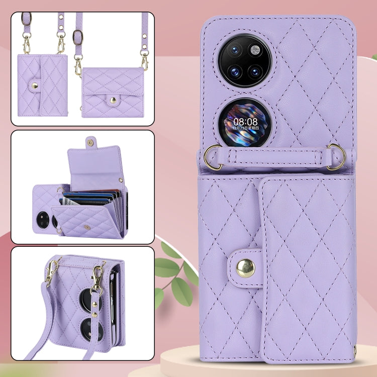For Huawei P50 Pocket Rhombic Texture Card Bag PU Phone Case with Long Lanyard(Purple) - Huawei Cases by PMC TechLife | Online Shopping South Africa | PMC TechLife | Buy Now Pay Later Mobicred
