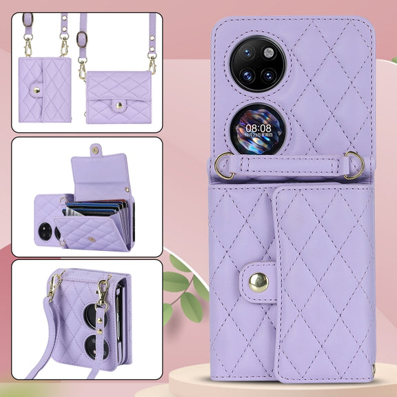 For Huawei P50 Pocket Rhombic Texture Card Bag PU Phone Case with Long Lanyard(Purple)