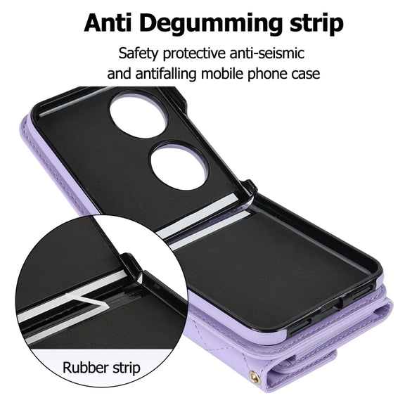 For Huawei P50 Pocket Rhombic Texture Card Bag PU Phone Case with Long Lanyard(Purple)