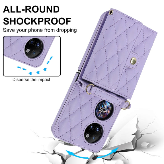 For Huawei P50 Pocket Rhombic Texture Card Bag PU Phone Case with Long Lanyard(Purple)