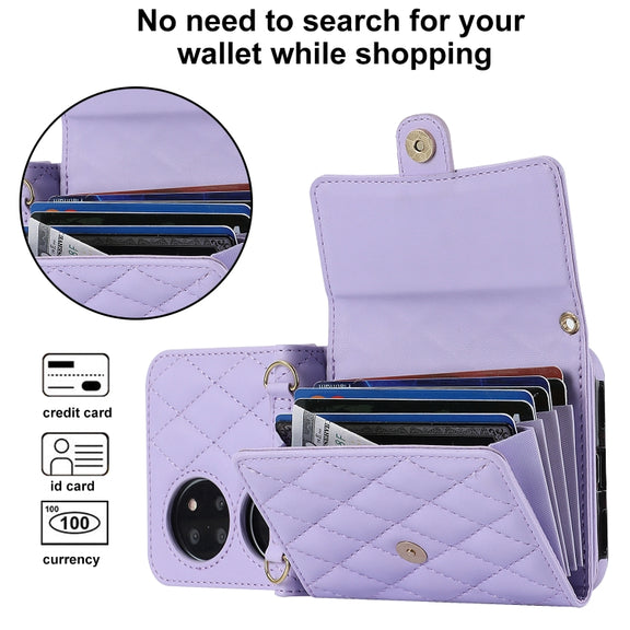 For Huawei P50 Pocket Rhombic Texture Card Bag PU Phone Case with Long Lanyard(Purple)