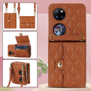 For Huawei P50 Pocket Rhombic Texture Card Bag PU Phone Case with Long Lanyard(Brown)