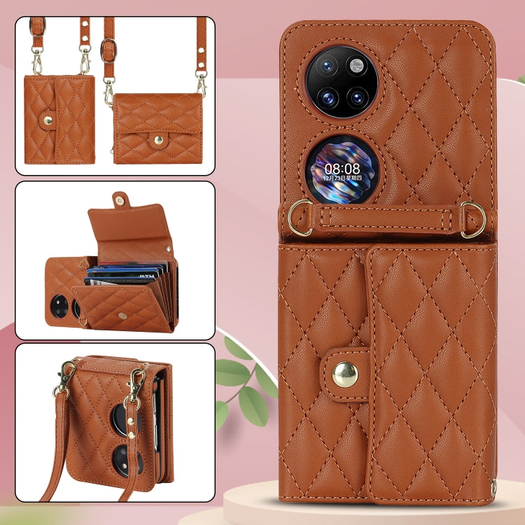 For Huawei P50 Pocket Rhombic Texture Card Bag PU Phone Case with Long Lanyard(Brown)