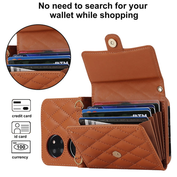 For Huawei P50 Pocket Rhombic Texture Card Bag PU Phone Case with Long Lanyard(Brown)