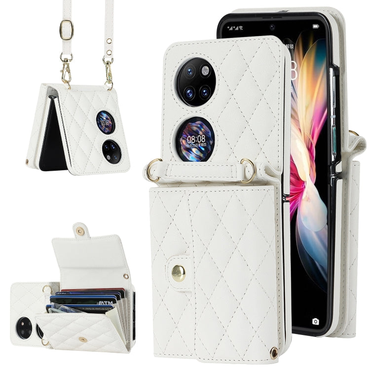 For Huawei P50 Pocket Rhombic Texture Card Bag PU Phone Case with Long Lanyard(White) - Huawei Cases by PMC TechLife | Online Shopping South Africa | PMC TechLife | Buy Now Pay Later Mobicred