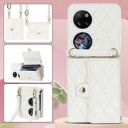 For Huawei P50 Pocket Rhombic Texture Card Bag PU Phone Case with Long Lanyard(White)