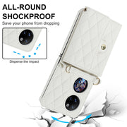 For Huawei P50 Pocket Rhombic Texture Card Bag PU Phone Case with Long Lanyard(White)