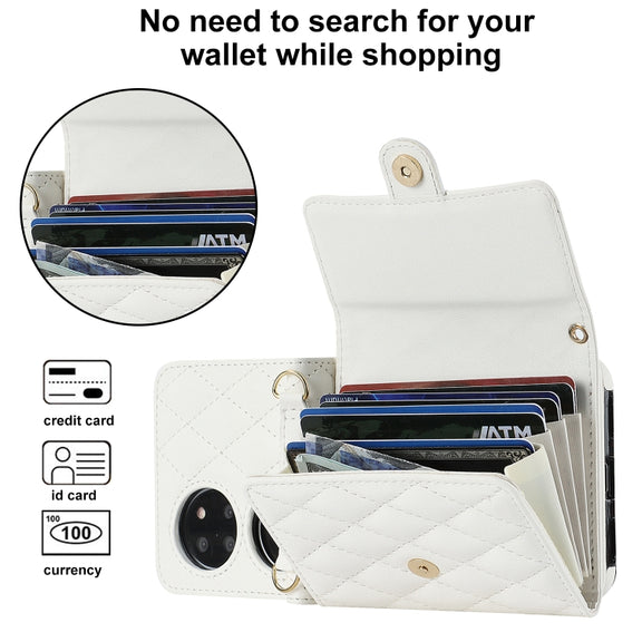 For Huawei P50 Pocket Rhombic Texture Card Bag PU Phone Case with Long Lanyard(White)