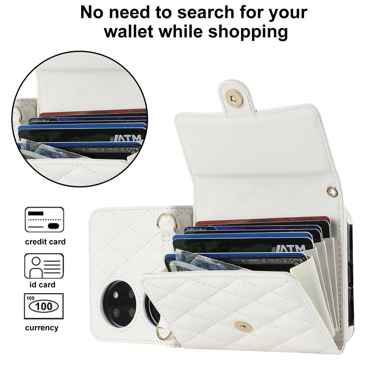 For Huawei P50 Pocket Rhombic Texture Card Bag PU Phone Case with Long Lanyard(White)