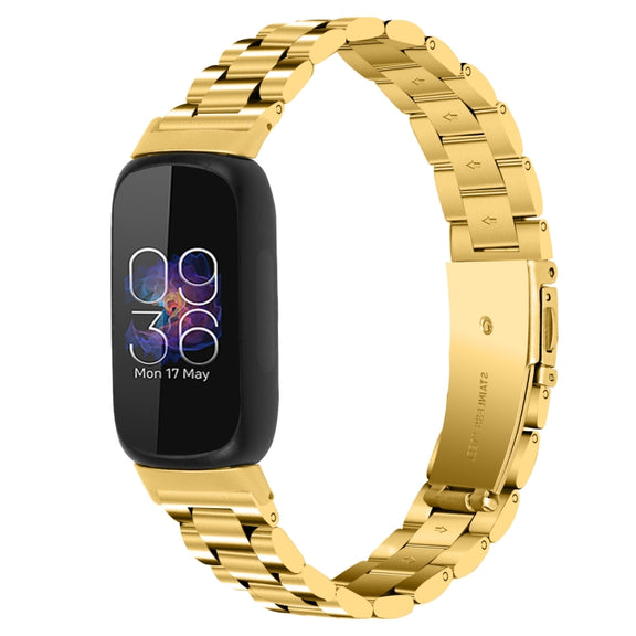 For Fitbit Inspire 3 Three Bead Flat Buckle Stainless Steel Watch Band(Gold)