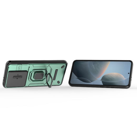 For Xiaomi Redmi K70 5G Sliding Camshield TPU + PC Shockproof Phone Case with Holder(Green)